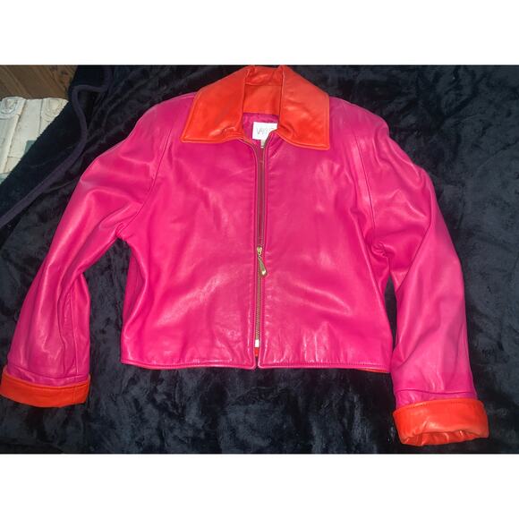 VINTAGE 80's UNWORN VAKKO PINK/ORANGE GLOVE LEATHER JACKET MOD S - Picture 4 of 11